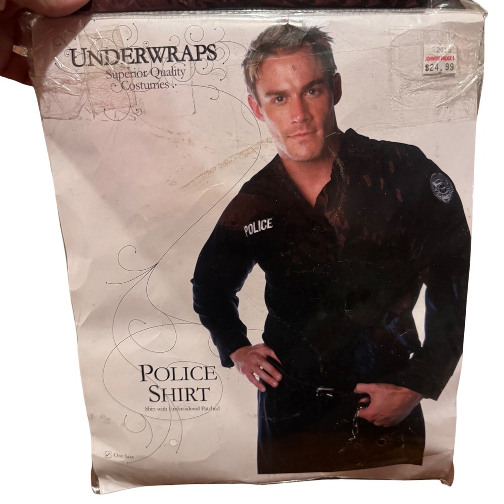 Underwraps Mens Police Shirt Costume Black Embroidered Patches One Size NEW